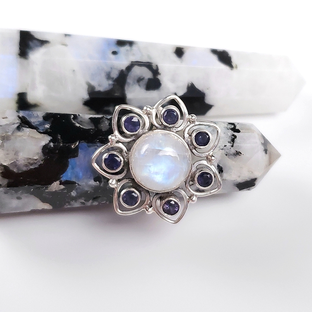 925 Sterling Silver Rainbow Moonstone and Iolite Flower Ring Size 7.5 - Picture 7 of 16